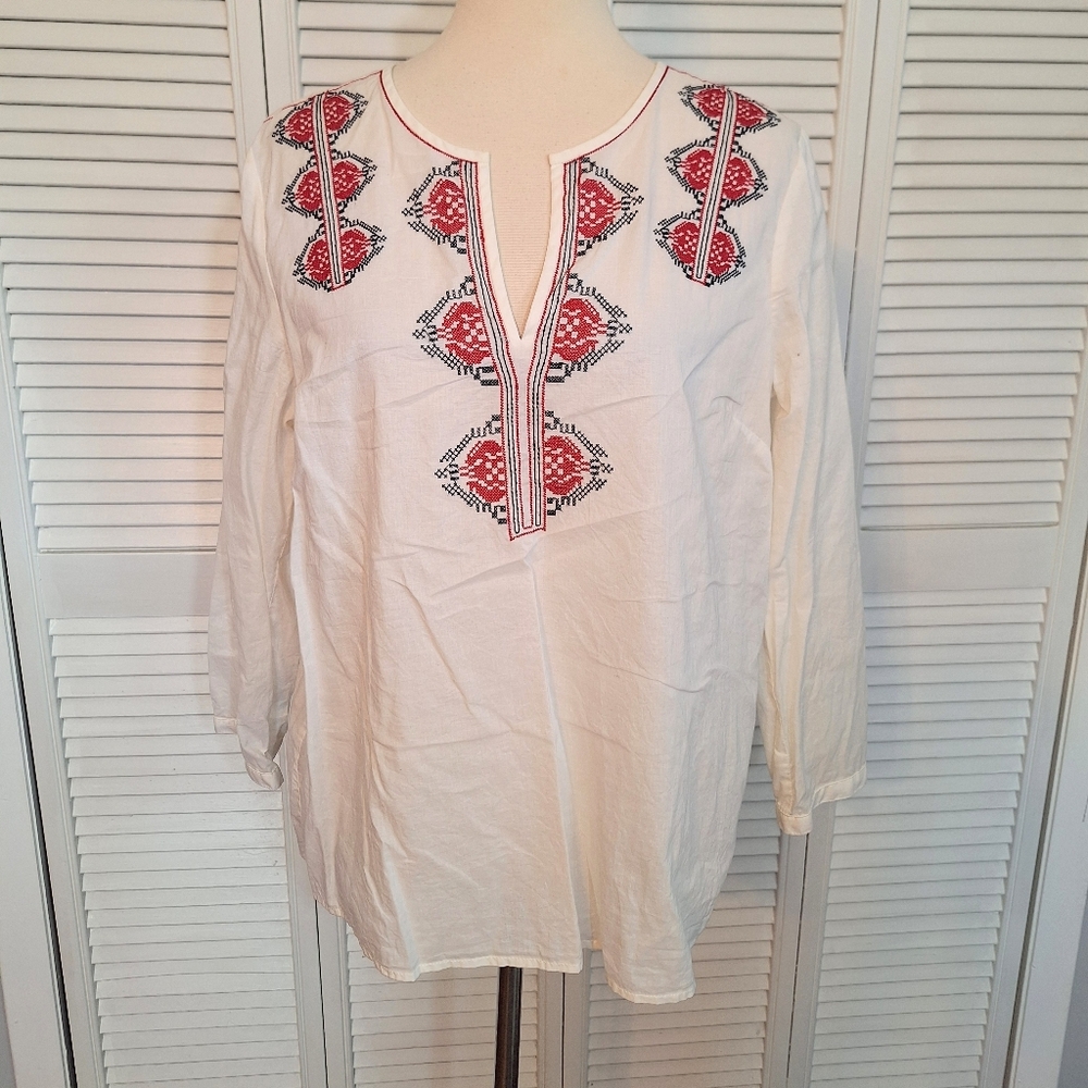 J. Crew Cotton Embroidery Peasant Top Sz LG *C4 - Picture 1 of 6